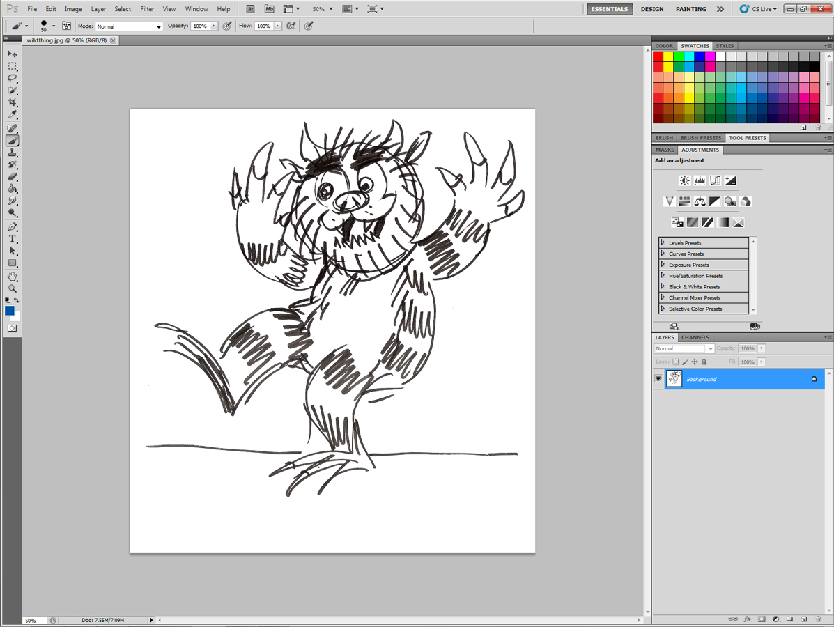 1) Open your scanned drawing in Photoshop. This process will work better with inked images than with plain pencil.