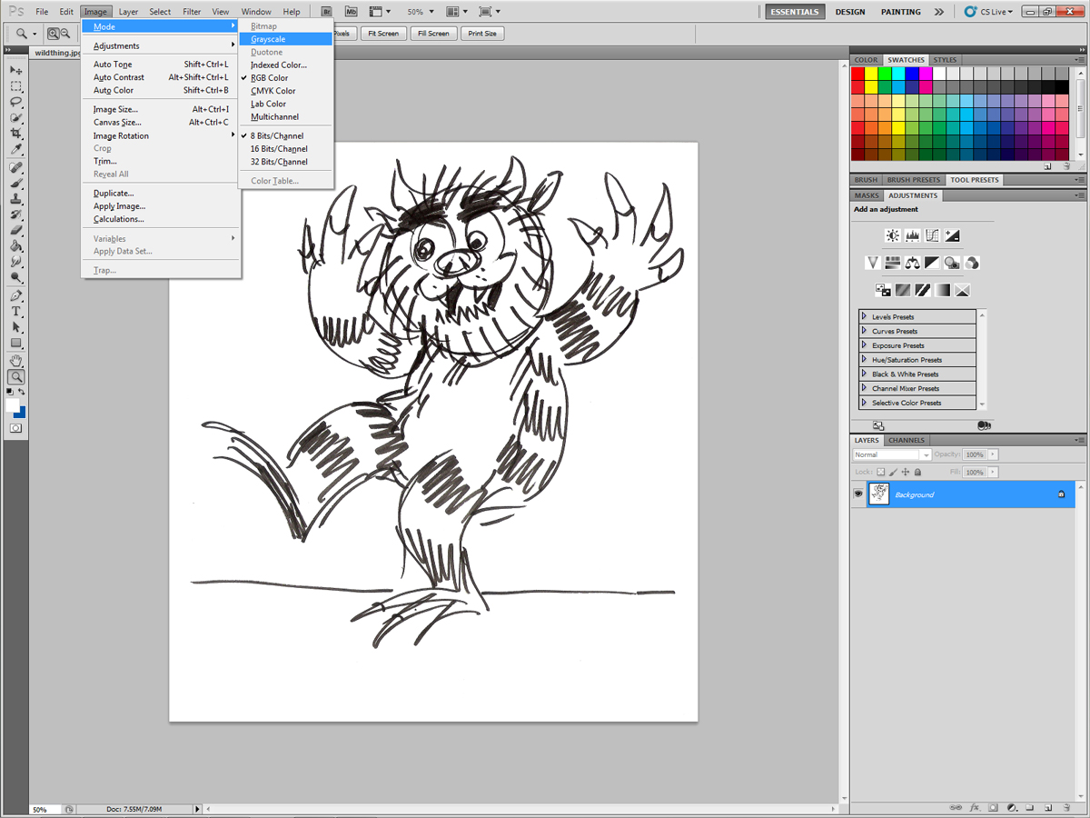 2) Image -> Mode -> Grayscale