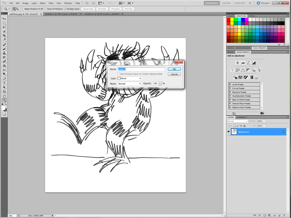 3) Double-click on Background layer and press OK to turn it into Layer 0.