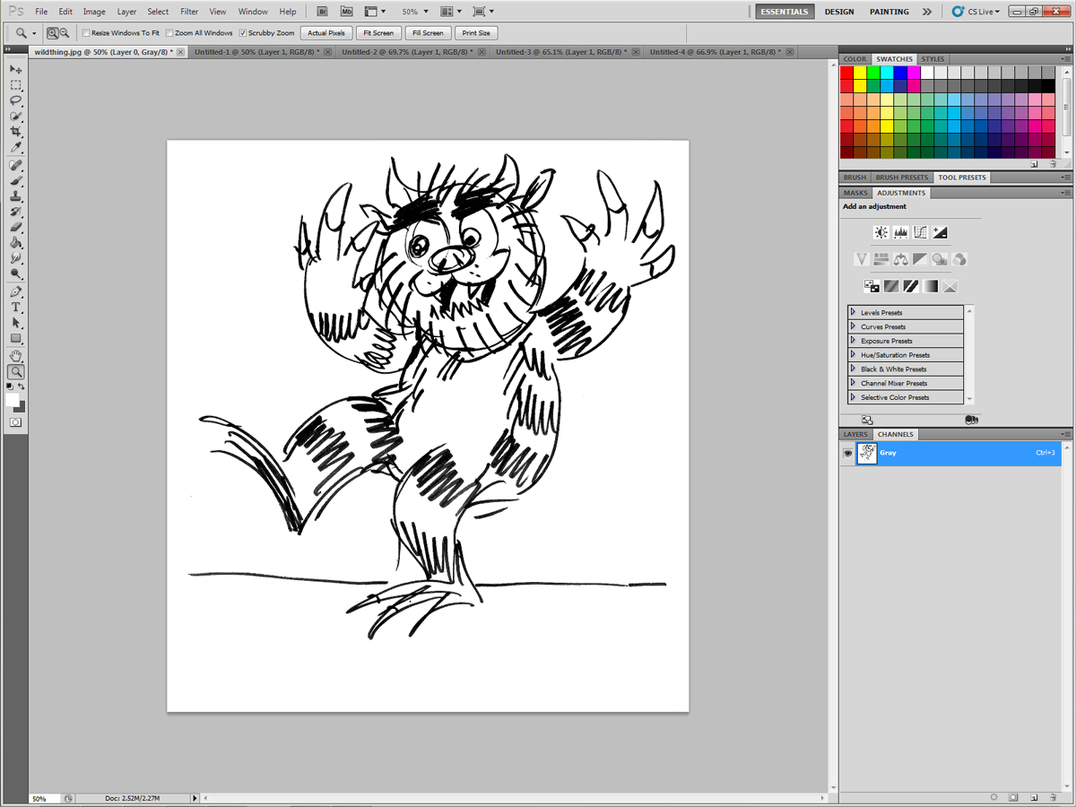 5) Open Channels palette. There should be only one channel, Gray.