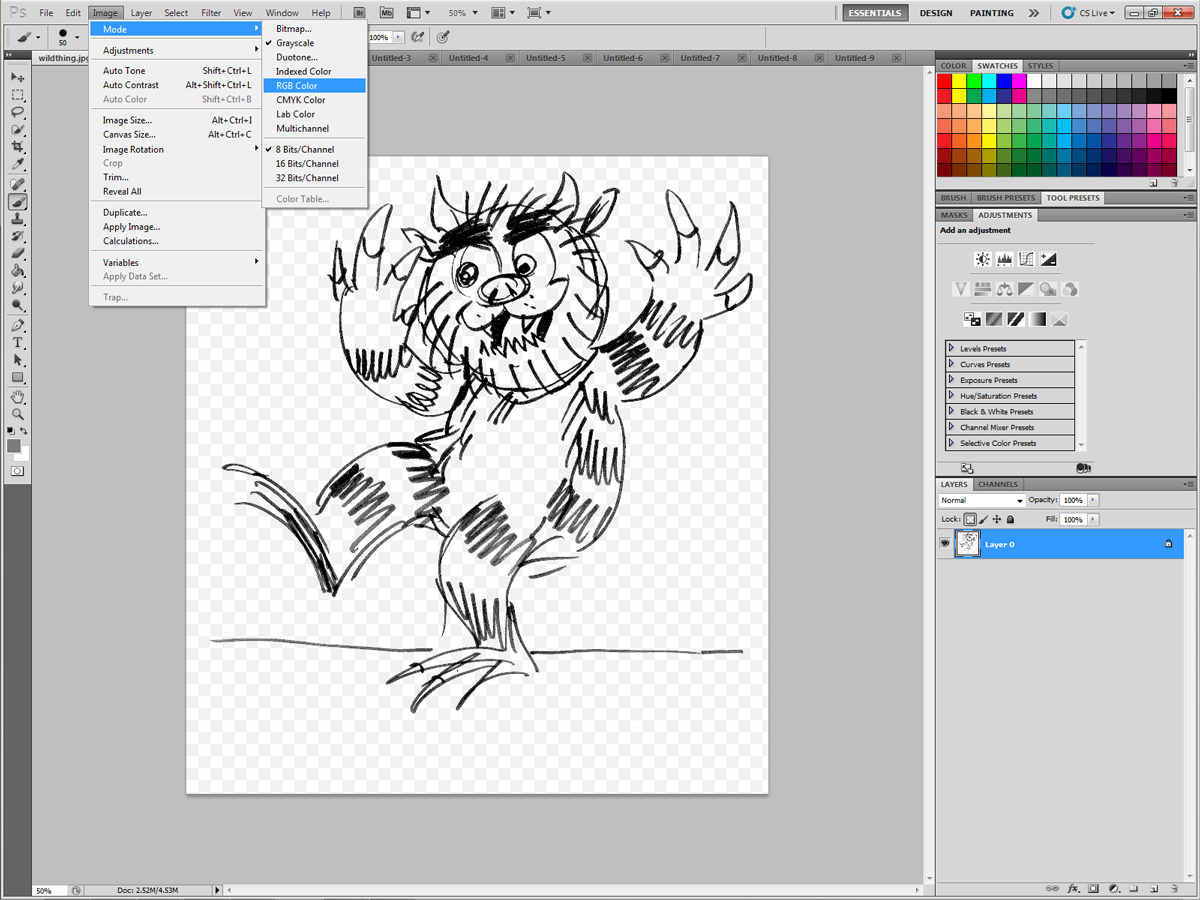 9) Image -> Mode -> RGB (if you intend to color)